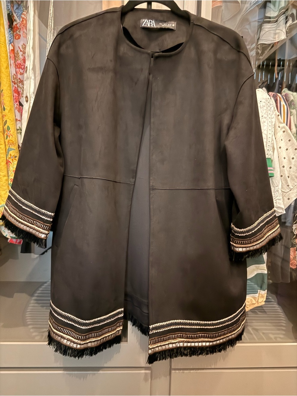 Zara Black Suede Embroidered Fringe Trim Oversized Jacket NWOT S